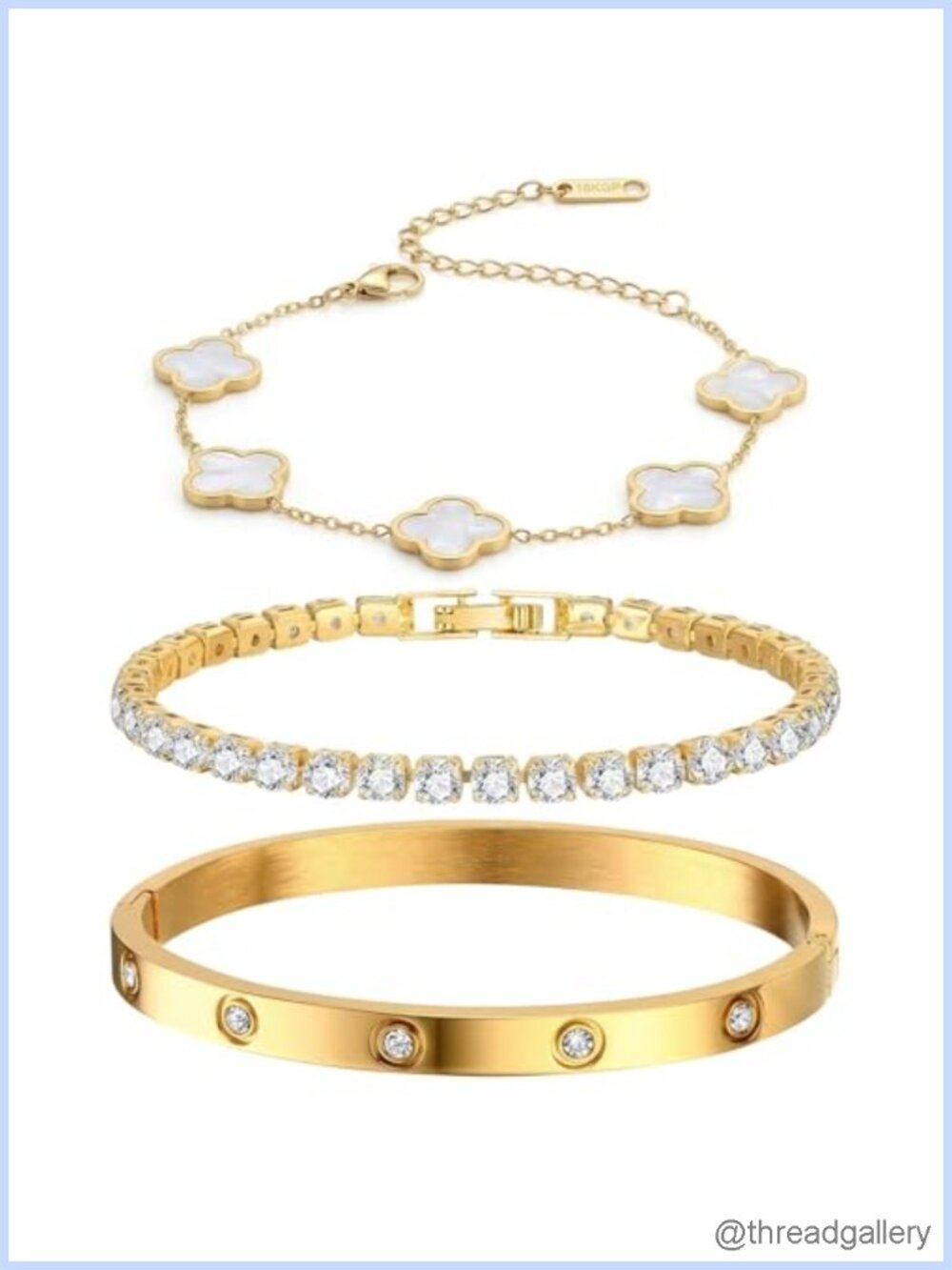 18K Gold-Plated Stainless Steel Bracelet Set, Clover Tennis & CZ Bangle